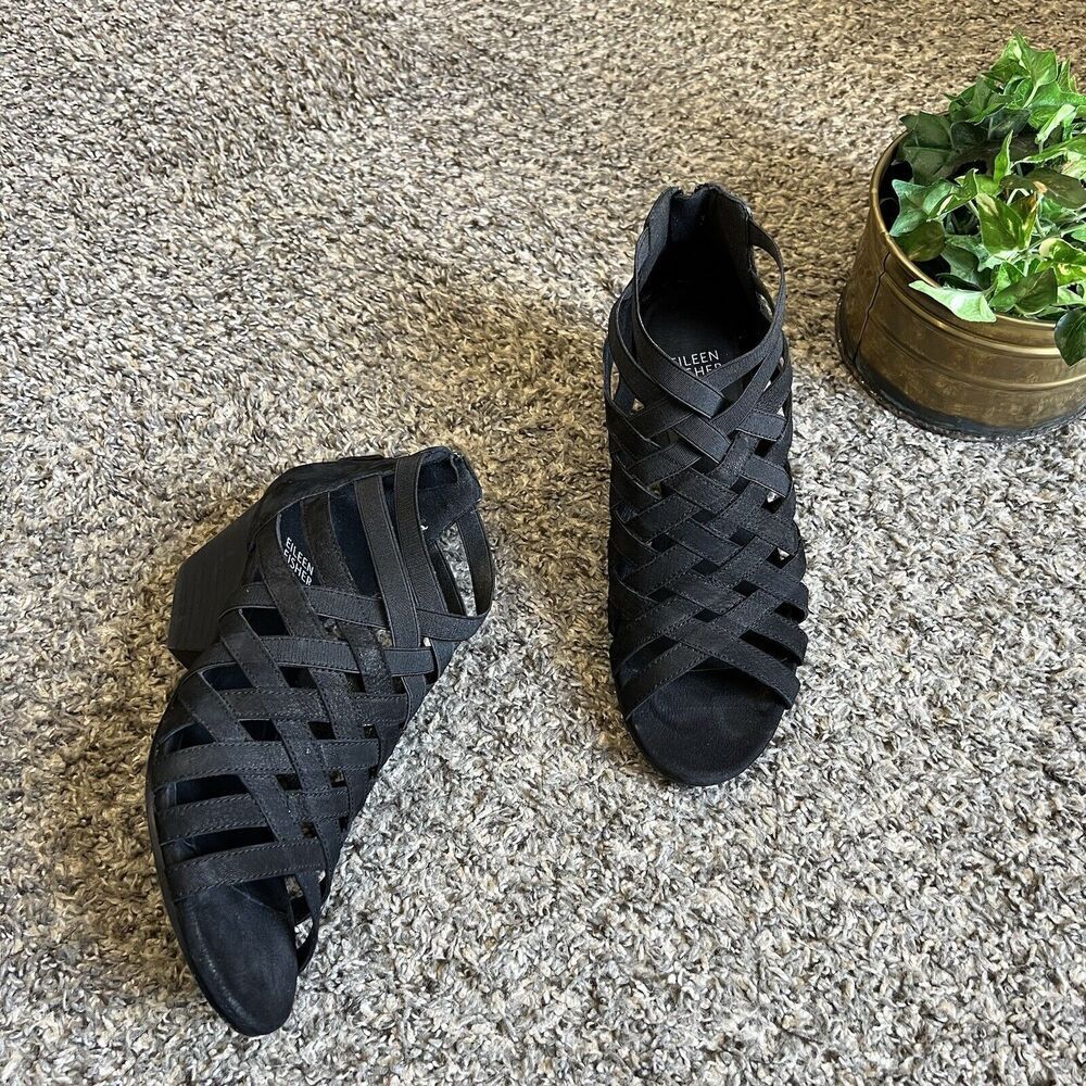 Eileen Fisher Oodle Black Nubuck Stretch Open Toe Caged Strappy Sandals Size 7.5